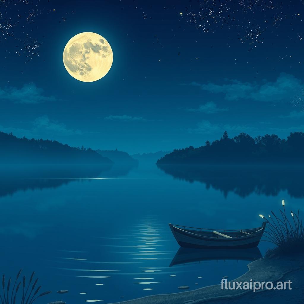 Viral anime full moon wallpaper in 4K quality, in the style of Hayao Miyazaki, depicting a serene lakeside scene at night, with the full moon high in the sky, its light reflecting on the calm water; fireflies dance above the surface, and a small rowboat is gently moored by the shore; cool and tranquil color temperature, no human characters, the atmosphere is peaceful and enchanting --v 5 --stylize 1000