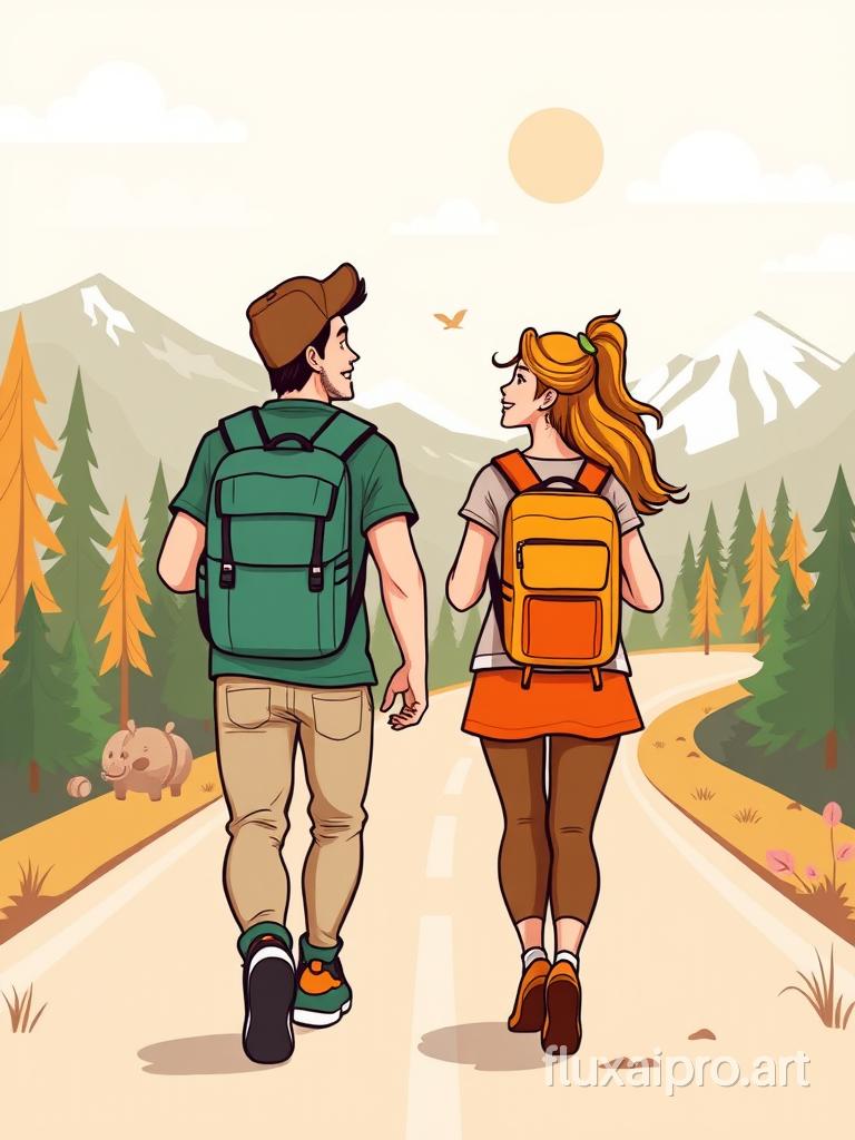 Cartoon-style (flat design) illustration of a friendly couple with loring nature, with vibrant colors, smooth lines, and a retro comic vibe. A couple is walking along the road with backpacks on their backs, they are talking cheerfully to each other. a view of the couple from the front. Background includes elements like trees, mountains, and travel icons. Couple walks along parallel paths. Use beige, light green, orange, gray, white and black as a base. Use bright, saturated colors as an accent.