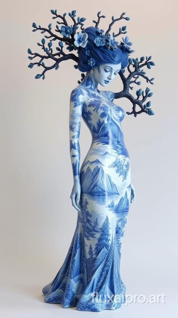 A sculpture of a female figure, intricately designed with blue and white patterns reminiscent of porcelain. The figure appears to be fused with nature, with tree branches and foliage emerging from her hair and body. The patterns on her form depict landscapes, including mountains, water, and flora. The sculpture is placed against a neutral background, emphasizing its details and colors.