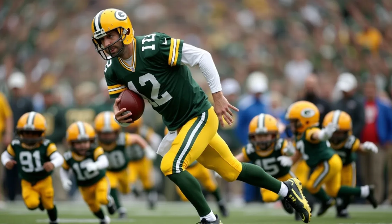 NFL Jets quarterback Aaron Rodgers getting chased by midgets in nfl Greenbay packer uniforms