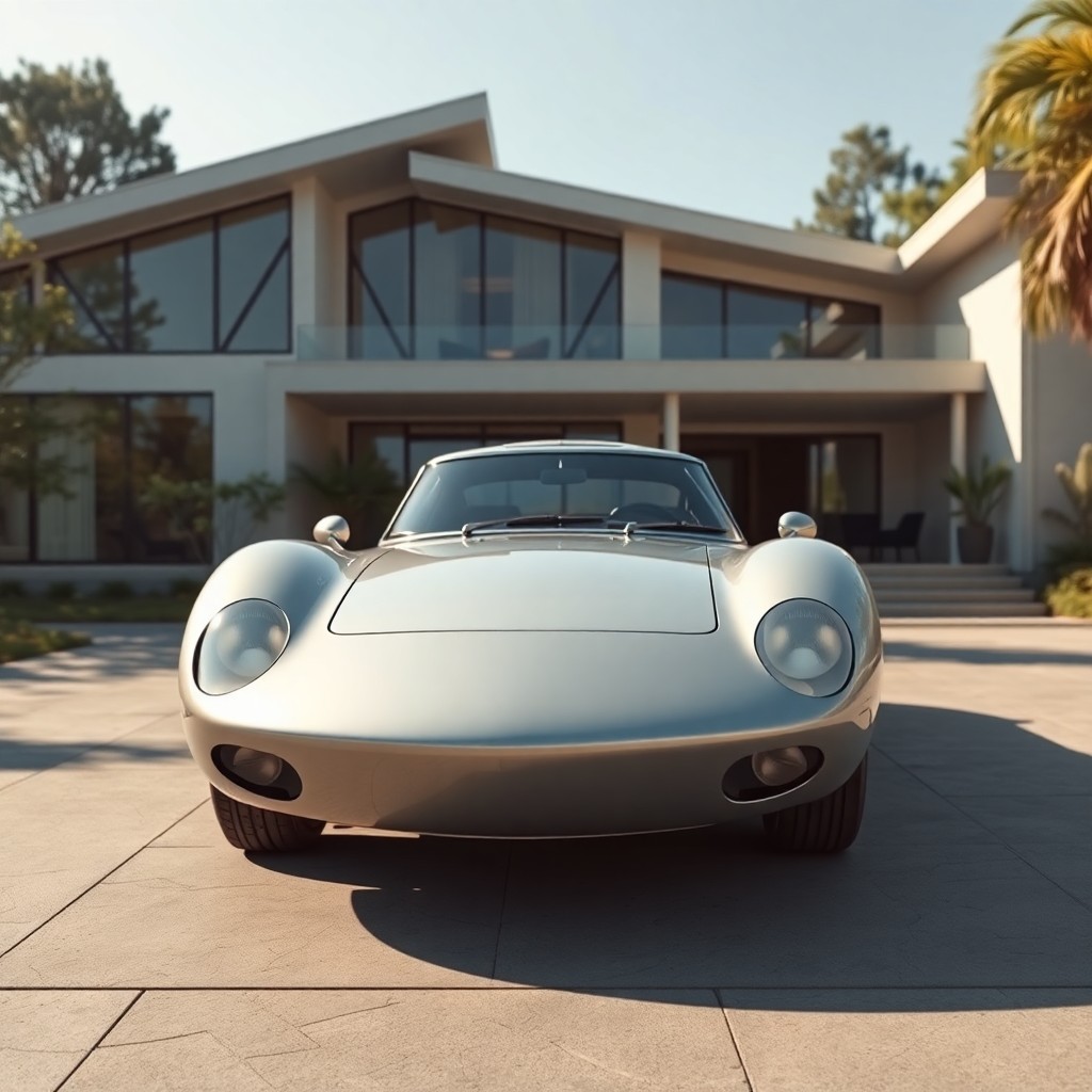 Generate a wide-angle, hyper-realistic 8K shot of a classic luxury sports car from a 3/4 front view, fully visible with ample breathing space both in front and behind. The car, with its sleek, metallic silver body, is parked in front of a mid-century modern house, featuring large glass windows, angular rooflines, and lush greenery around the property. Capture the scene with a soft, nostalgic color palette, evoking the 1950s Panovision film style, where the car’s curves reflect the sunlight. The composition is balanced to emphasize the elegant design of the car against the architectural beauty of the house, blending automotive luxury with architectural charm. The soft shadows and warm lighting enhance the vintage feel of the entire scene, giving it a cinematic, timeless atmosphere.