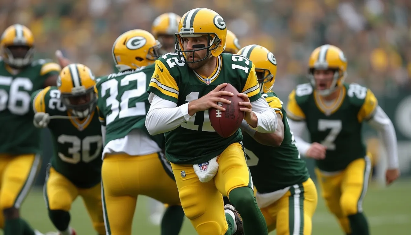 NFL Jets quarterback Aaron Rodgers getting tackled by midgets in nfl Greenbay packer uniforms