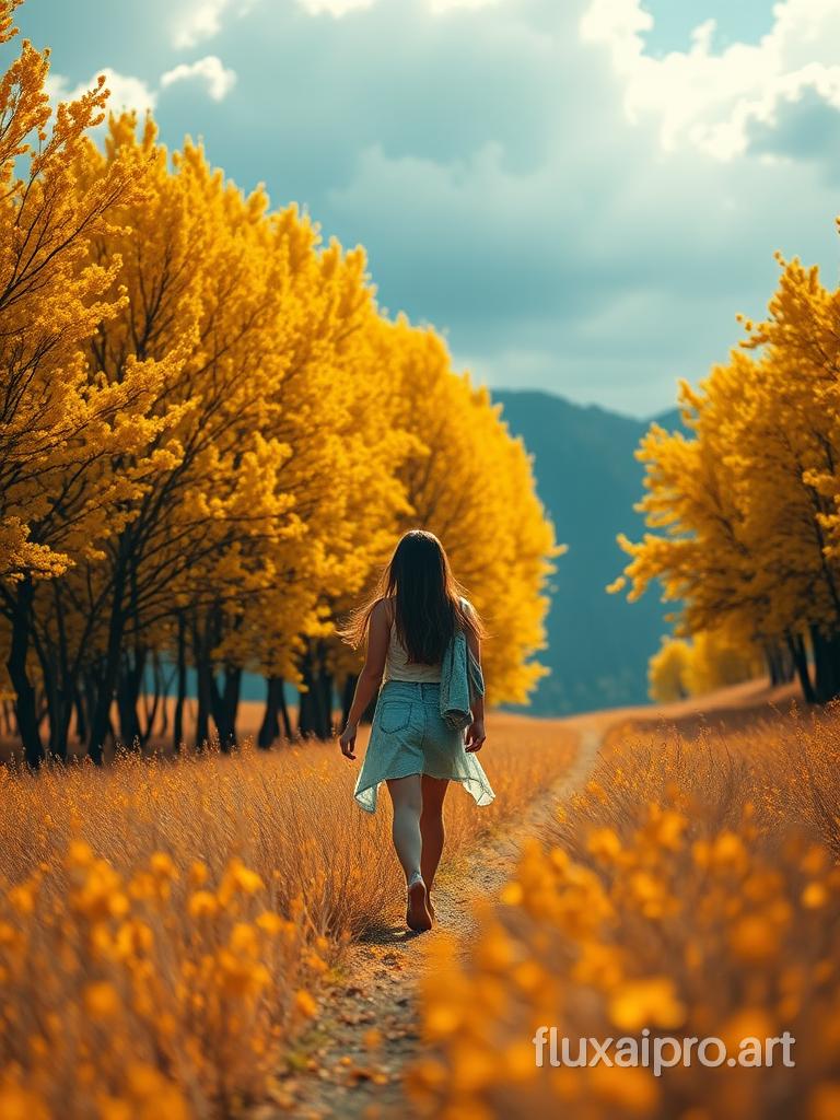 stunning shot of a girl walking through a field, in the style of ethereal trees, dark yellow and azure, majestic, sweeping seascapes, photorealistic representation, graceful balance, wimmelbilder, orange