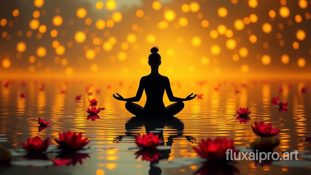 Serene and mystical image featuring a person meditating in a lotus position in the middle of a calm body of water. The individual is silhouetted against a backdrop of warm, glowing lights that resemble fireflies or floating lanterns, creating a magical atmosphere. The water is adorned with vibrant red lotus flowers, adding a touch of natural beauty to the scene. The overall composition is balanced and harmonious, with the person centered and the flowers scattered around them. The lighting is soft and golden, enhancing the tranquil and ethereal mood of the image.