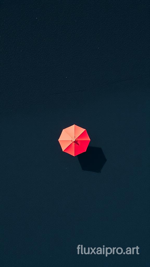 鸟瞰黑沙海滩，一把红色雨伞在众多黑色雨伞中格外显眼。大海是一片生机勃勃的碧蓝，与黑沙形成鲜明对比，静谧、逼真