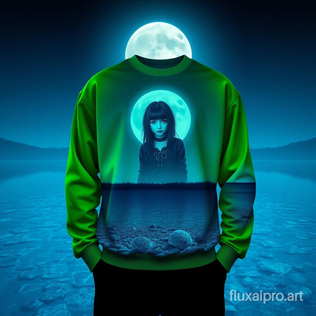 Doble exposición Una sudadera color verde neón con un estampado de una chica gótica en una noche de luna llena con un lago de agua trasparente colo añil