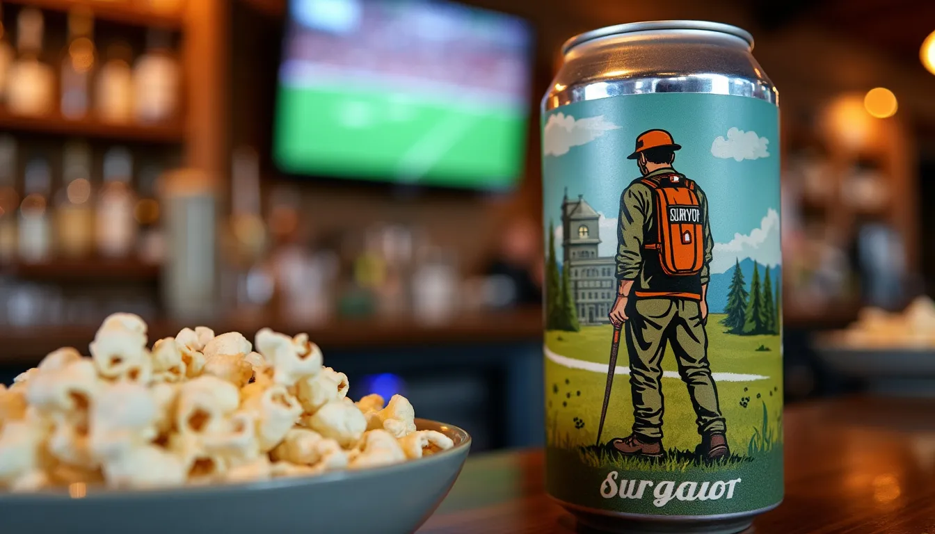 A beer can on an Oregon bar with a beer can logo on the can of a land surveyor and a label that says “Surveyor” with a bowl of popcorn and football on the tv 