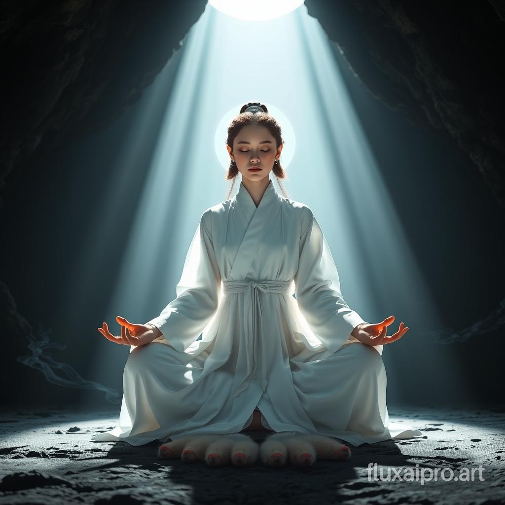 A young female clad in a white ancient Chinese robe is meditating in a large dark cave, with white light pouring down from the hole in the ceiling. Five fox tails are revealed under her dress. A weak halo of bluish power emanates from her body.