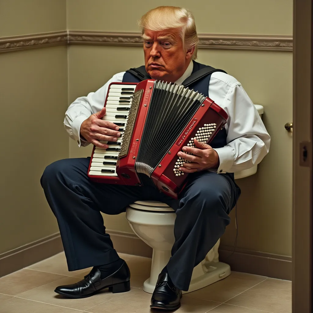 Donald Trump with his pants around is ankles sitting on a toilet and playing an accordion 