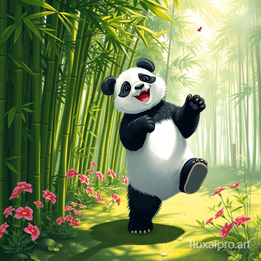 A playful panda, with its distinctive black and white fur, stands on its hind legs in a lush, green bamboo grove, swaying gently as it joyfully sings a cheerful melody. Sunlight filters through the dense foliage, creating dappled patterns on the ground, while vibrant flowers bloom nearby, adding splashes of color to the scene. The rich scent of fresh bamboo fills the air, mingling with the gentle rustle of leaves as a soft breeze passes through. The panda's expressive eyes sparkle with delight, and its melodious voice harmonizes with the distant chirping of birds, creating an enchanting symphony in the heart of its peaceful habitat.