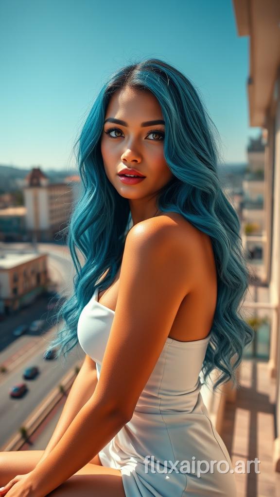 A stunning photograph capturing a young woman with natural beauty, featuring long, wavy blue hair. She is elegantly dressed in a white one-shoulder top with a deep neckline, accentuating her curves. Her soft expression and parted lips hint at a mysterious allure. She sits on a balcony, overlooking a bustling cityscape with buildings, a road, and a clear blue sky. The warm, soft lighting creates a serene ambiance, highlighting the beauty of the scene and the woman's captivating presence., photo