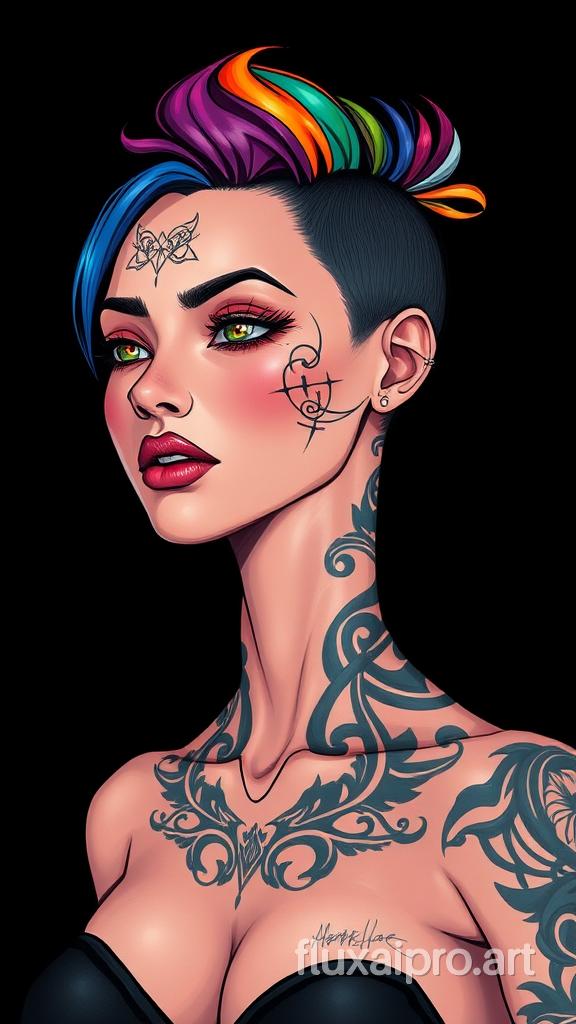 An illustration of a woman with sleek appearance and intricate tattoos on her face. She has a unique rainboe hair color that contrasts sharply with her body. The woman's neck and upper chest area are visible. The background is dark, emphasizing the woman's features and giving it a futuristic, sci-fi aesthetic.