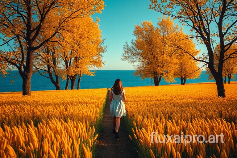 a girl walking through a field, in the style of ethereal trees, dark yellow and azure, majestic, sweeping seascapes, photorealistic representation, graceful balance, wimmelbilder, orange