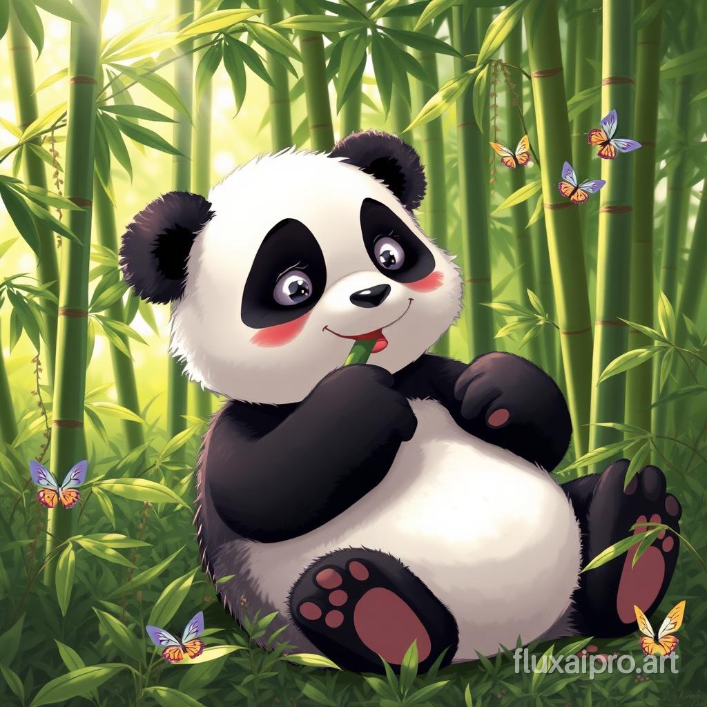 A playful panda, with its distinctive black and white fur, sits contentedly among a dense grove of bamboo. The sunlight dappled through the leaves creates a whimsical pattern on its fur, highlighting its round, expressive eyes that sparkle with curiosity. It munches thoughtfully on a stalk of bamboo, the sound of crunching echoing softly in the serene atmosphere. Surrounding the panda is a lush landscape filled with vibrant greenery, the sweet scent of fresh bamboo wafting through the air, accompanied by the gentle rustle of leaves swaying in the breeze. A few butterflies dance nearby, adding a touch of color to the tranquil scene as the panda lazily rolls onto its back, embodying a sense of carefree joy and innocence.