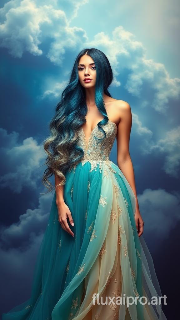 A photo of a woman with long, wavy hair that transitions from deep indigo at the roots to lighter shades of sky blue and pale gold at the tips. She wears a haute couture dress with a gradient of colors, starting with deep blues and greens at the hem, transitioning through turquoise and sky blue, and finally reaching soft gold and pale white at the neckline. The dress features delicate, flowing patterns and shimmering accents. The background is an abstract, atmospheric scene with swirling clouds and a gradient of blue and purple hues.