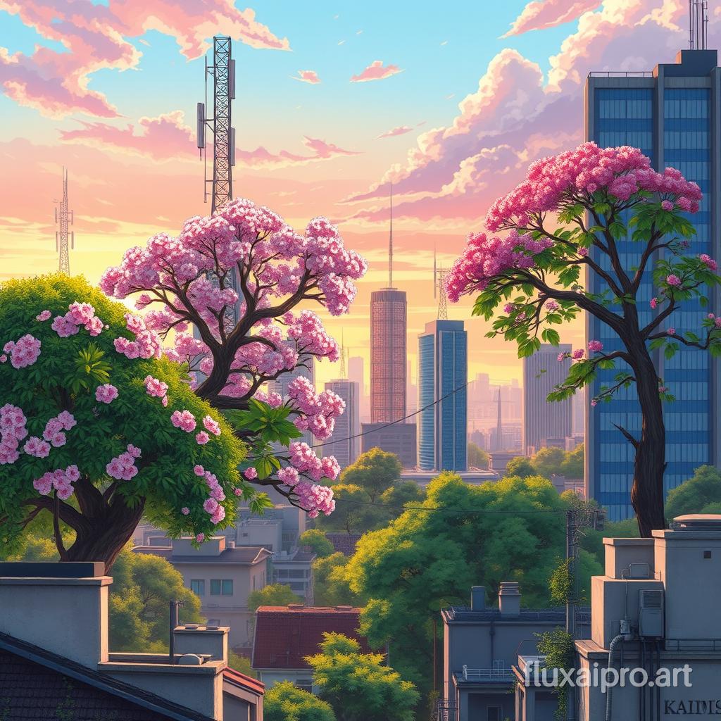 Anime scene of nature opening a door to the cityscape, cherry blossom trees bending towards skyscrapers, strangler figs intertwined with antennae masts, lush greenery sprawling across rooftops, pastel-colored sunset sky meeting urban concrete, manga style, ultra fine, digital painting