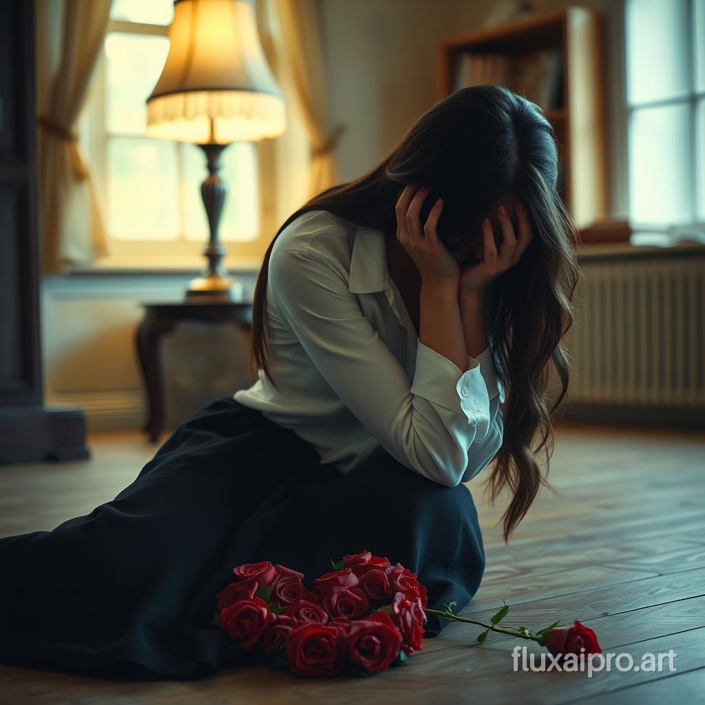 A cinematic shot of a woman with long, dark hair sitting on the floor. She is wearing a white shirt and a black skirt. She is holding her head in her hands. There is a broken heart made of roses beside her. The background is a room with a window, a lamp, and a few books. The room has a vintage vibe.