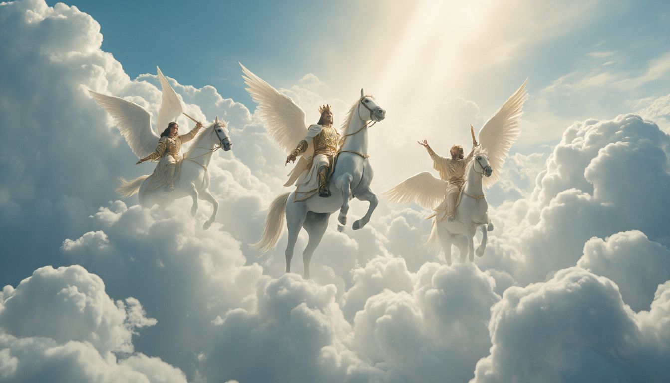 A photo of Jesus as king riding on a white horse in the sky with white clouds and with his mighty angels with trumpets also coming with him to Jerusalem. Jesus has a sword come out of his month that kills the antichrist.