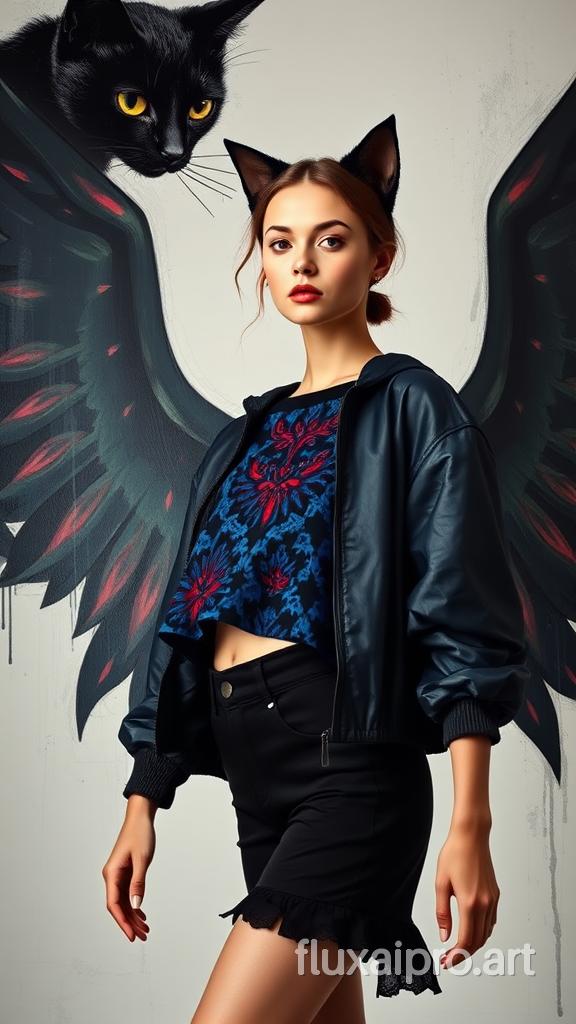 A conceptual painting of a gothic black cat with wings, A fashion editorial-style image of a woman wearing a blue and red patterned croptop and a short black crop velvet ultramarin dolphin pattern t-shirt,Tall female model with arms by her side in short layered arched hem shorts. Mesh windbreaker jacket with Victorian style details.Cropped layered shredded lime tank top. Fashion photography shoot in studio.