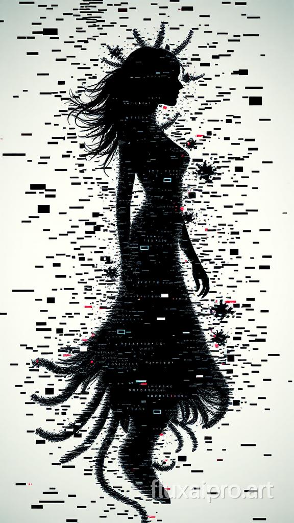 A digital art piece with the title "Stochastic Harmony" by the artist "Distortion Master". It features a female figure emerging from a chaotic interplay of noise and signal patterns. The figure's form is highlighted by the contrasting smooth gradient background. The background is filled with TV static-like patterns, with some areas appearing sharp and well-defined, while others remain in a state of flux. The overall composition evokes a sense of unpredictability and coherence, capturing the fleeting yet stable nature of the figure emerging from the chaos.