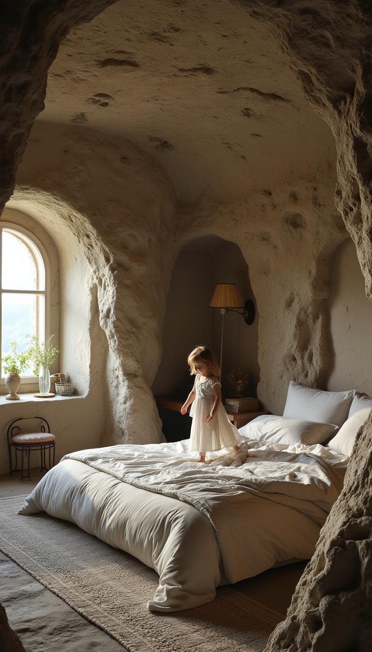 a little girl are playing in a beautiful bedroom of a big house which is in the center of a giant stone