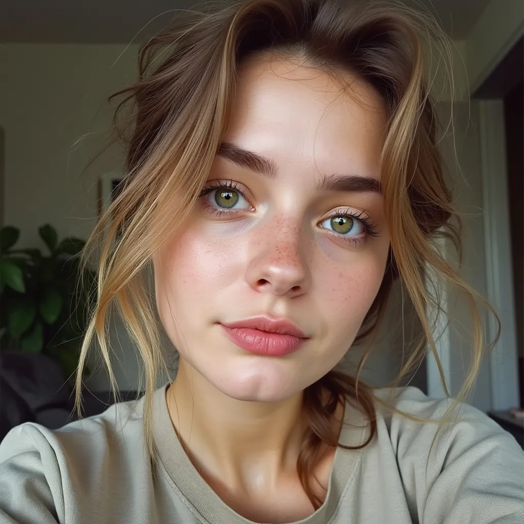 Capture a photo-realistic snapchat selfie image of Sarah, a 22-year-old German woman, embodying a casual streetwear style. Her oval face, with a fair complexion and slightly pink undertone, is the focal point. Her striking green eyes, framed by long, dark eyelashes, exude a sense of calmness and approachability. Her well-groomed eyebrows, a shade darker than her light brown hair with subtle blonde highlights, add depth to her expression. Her hair is styled in a messy, tousled look, adding volume and texture. The straight nose with a rounded tip and narrow nostrils complements her full, naturally pink lips. The background features a regular home room, enhancing the authenticity of the scene. Ensure the image is natural and photo-realistic, like shot with a regular smartphone. Also add irregularities and lower quality characteristics and JPEG noise like of a smartphone shot. Do not blur the background much.