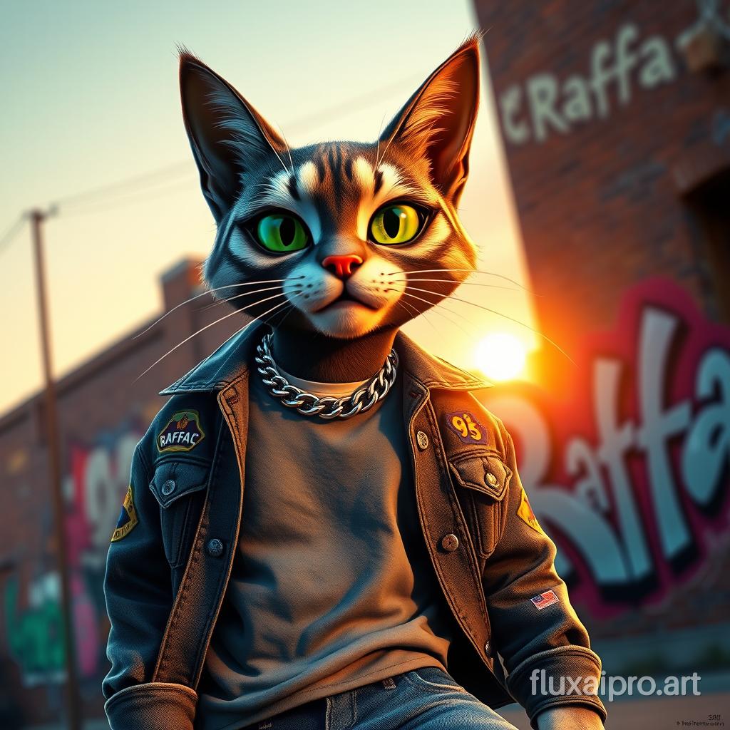 A stunning 3D rendering of an urban feline, embodying the quintessence of 90s skateboarding culture. The sleek cat, with piercing green eyes, sports a trendy ensemble including a gray t-shirt, a denim jacket adorned with patches, and blue jeans. A silver chain collar embellishes its neck. In the background, a lively brick wall features graffiti bearing the name "Raffa." As the warm sunset casts a golden glow over the scene, the rendering exudes energy, playfulness, and nostalgic charm. The piece's dynamic movement, bold colors, and conceptual elements create an iconic representation of art, architecture, and poster design. By capturing the spirit of the era and paying homage to the roots of skate culture, this cinematic portrayal of the urban landscape blends graffiti, 3d render, architecture, photo, poster, cinematic, conceptual art, vibrant, graffiti