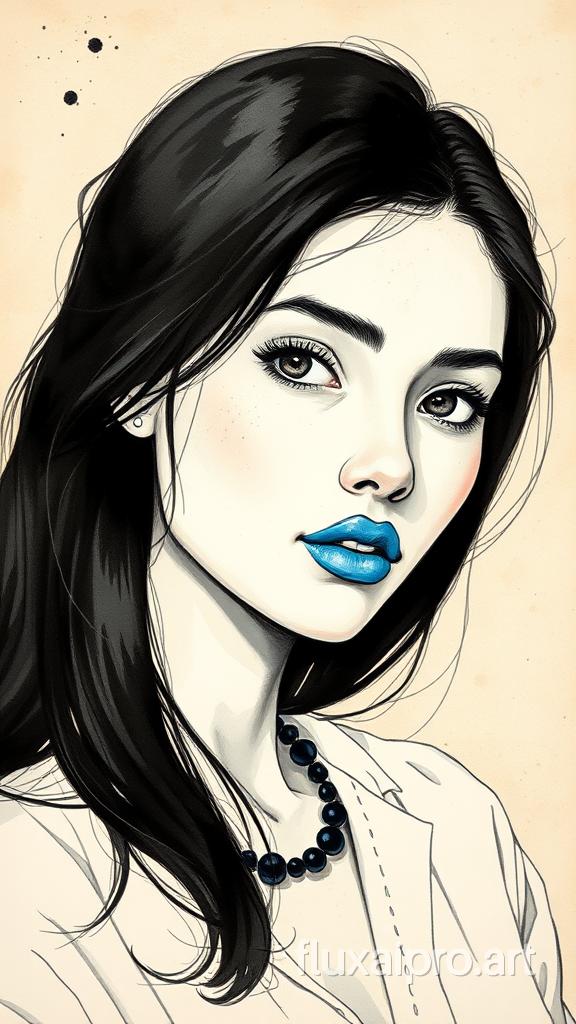 A hyper-realistic wet watercolor medium shot of a woman with delicate and tender features. The woman has long, dark hair and is wearing a white blouse and a dark necklace. The background is a beige wall with a few dots. The overall image has a monochromatic black and white composition, with the exception of the vibrant blue color of the woman's lips. The artist's skill is evident in the intricate details and textures of the ink.