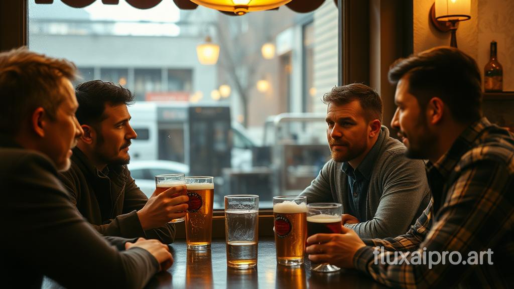 in the style of CNSTLL, a group of people talking and drinking beer at the pub in front a window, cinestill 800T, photorealistic