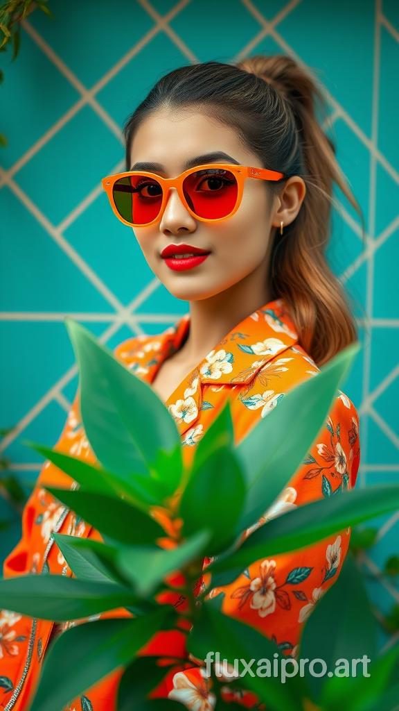 A portrait of a young woman with vibrant orange sunglasses and a floral orange jacket, posed against a teal geometric pattern background. The scene is enriched with greenery that contrasts with her stylish attire, creating a visually striking yet harmonious composition.