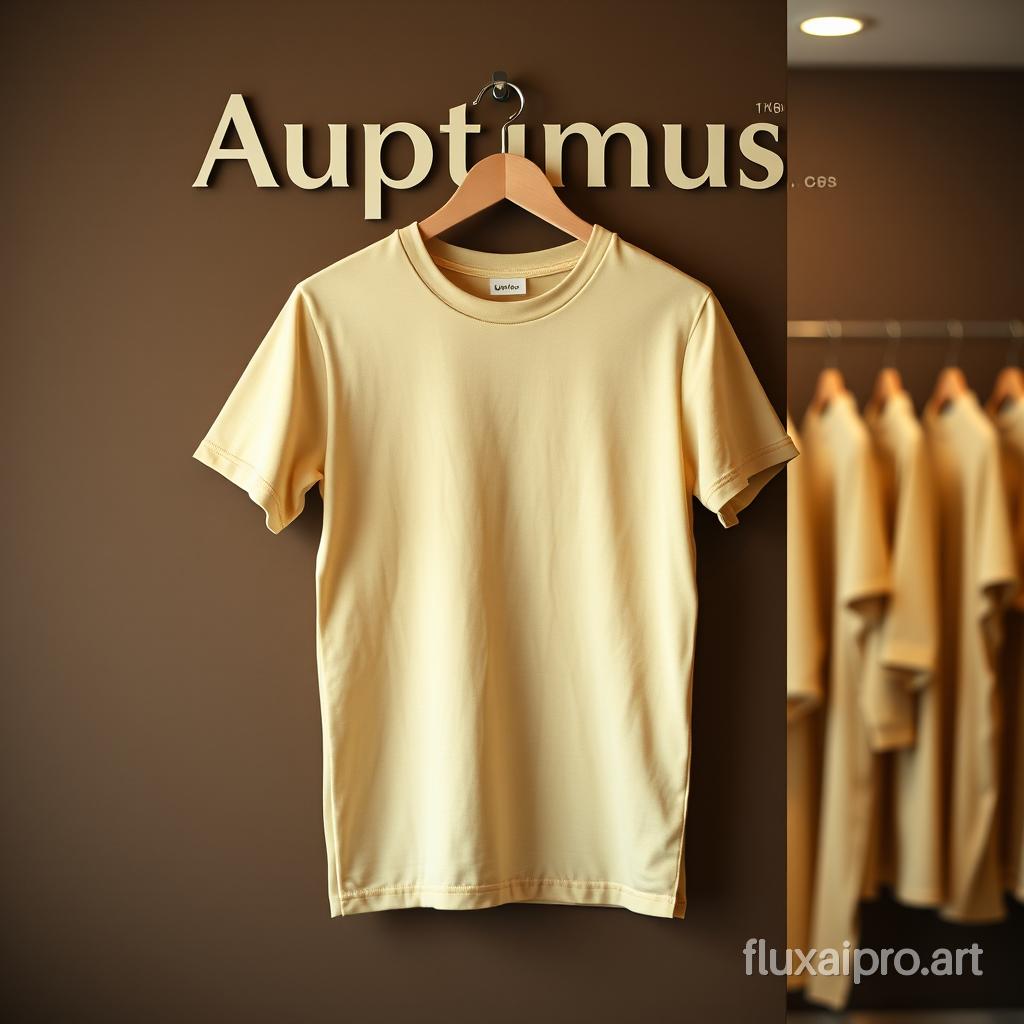 A cinematic shot of a plain beige t-shirt on a deep brown wall. The t-shirt is displayed from top to bottom. There's the brand name "Auptimus" in a bold font on the wall. The background is blurred out, showing a room with other beige t-shirts hanging on the wall. The lighting is soft.