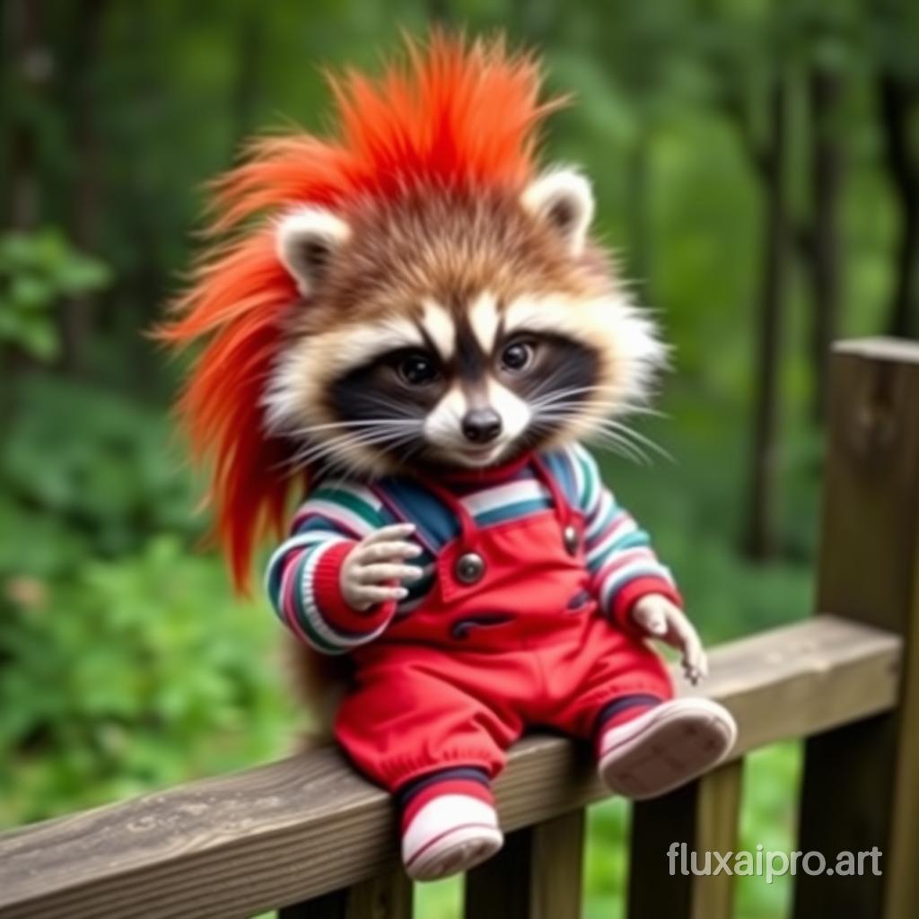 A photo of a cute, extra fluffy baby raccoon wearing a Chucky costume. Chucky is the iconic killer doll from "Child's Play." The raccoon is sitting on a wooden fence. The background is a lush green forest. The photo has a soft focus.