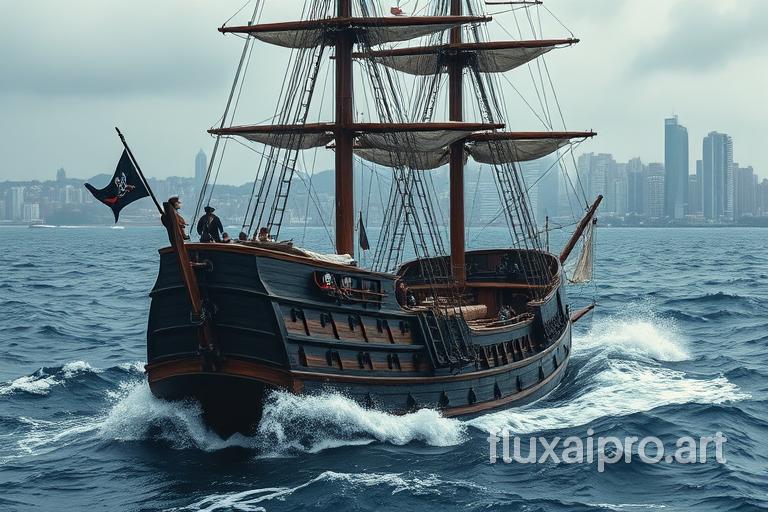 A photo of a pirate ship sailing on rough seas. The ship has a wooden structure and multiple masts with sails. The ship is sailing through a storm, with large waves crashing against the ship. There are pirates on the ship, holding onto the railing. The background contains a city with tall buildings.