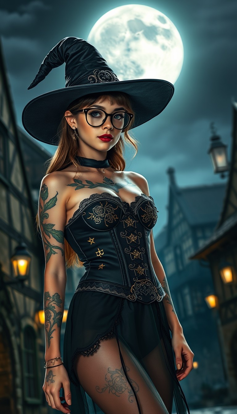 A photo of a mysterious young witch standing under a moonlit sky in a medieval city. She is wearing a wide-brimmed witch's hat and oval glasses. Her outfit includes a form-fitting black corset with gold embroidery and lace embellishments, and a sheer, high-slit skirt. She has glowing tattoos of mysterious symbols, roses, and intertwined vines on her skin. The background contains old-fashioned buildings with lanterns.