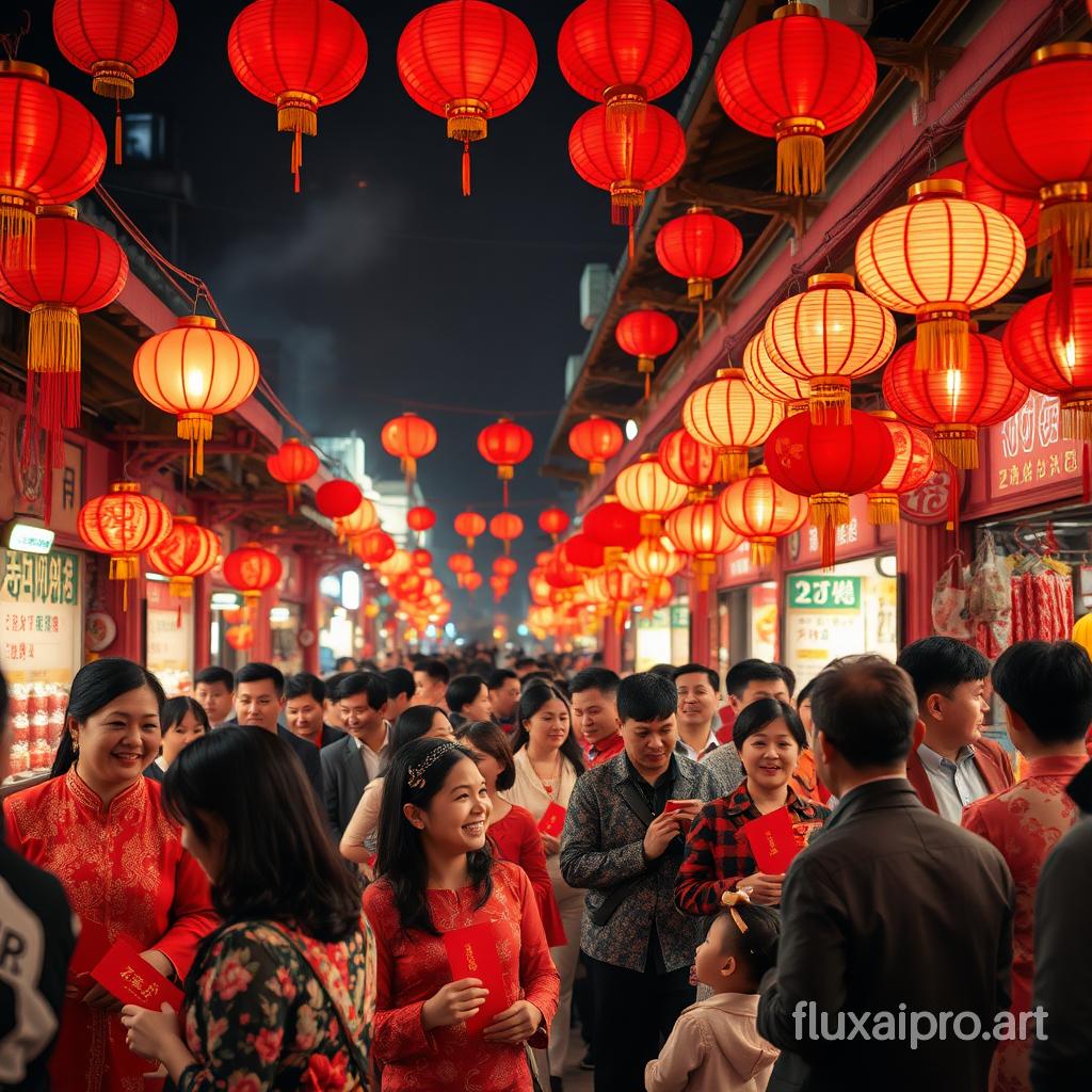 In a vibrant celebration filled with colorful decorations, a bustling marketplace in an East Asian city comes alive with the sounds of laughter and jubilation. Red lanterns sway gently overhead, creating a warm glow that illuminates the faces of joyous people exchanging heartfelt greetings of "恭喜发财." Aromas of freshly cooked dumplings and sweet rice cakes waft through the air, blending with the joyous noise of firecrackers popping in the distance. Families adorned in traditional attire gather together, while children eagerly anticipate the delivery of red envelopes filled with good fortune. The atmosphere is electric with happiness, hope, and the promise of prosperity in the coming year.