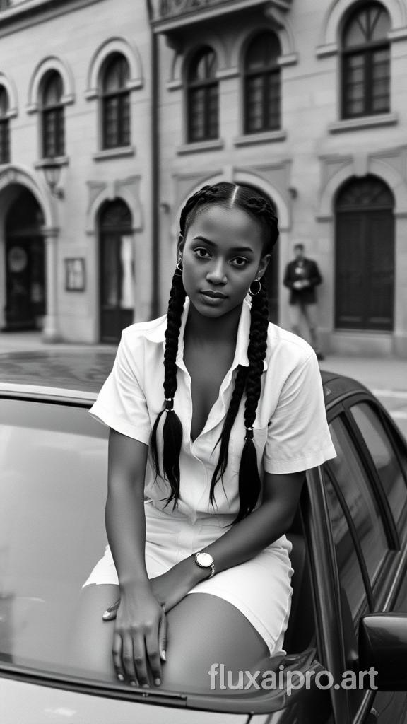 A black and white photo of Aaliyah Dana Haughton, an American singer, and actress. She is wearing a white shirt and has her hair in two braids. She is sitting on a car and the car is parked on a cobblestone street. The background has old buildings with arched windows.