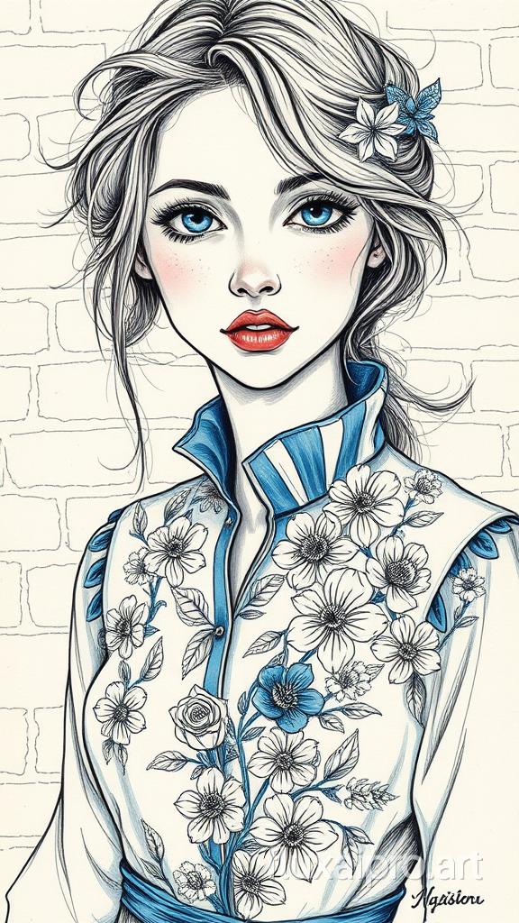 An enchanting and mystical painting of a young woman with a captivating blue and white outfit, adorned with intricate pen and ink sketches of detailed flowers intertwined throughout her attire. Her enigmatic gaze and secretive eyes seem to hold a world of untold stories. Her slightly messy, wavy hair adds an effortlessly attractive vibe. The classic drawing style, characterized by delicate lines and intricate cross-hatching, creates a timeless and magical atmosphere that captivates the viewer and transports them into another world. The background features a beige vintage brick wall, providing an authentic and nostalgic touch to the composition., photo, illustration, painting