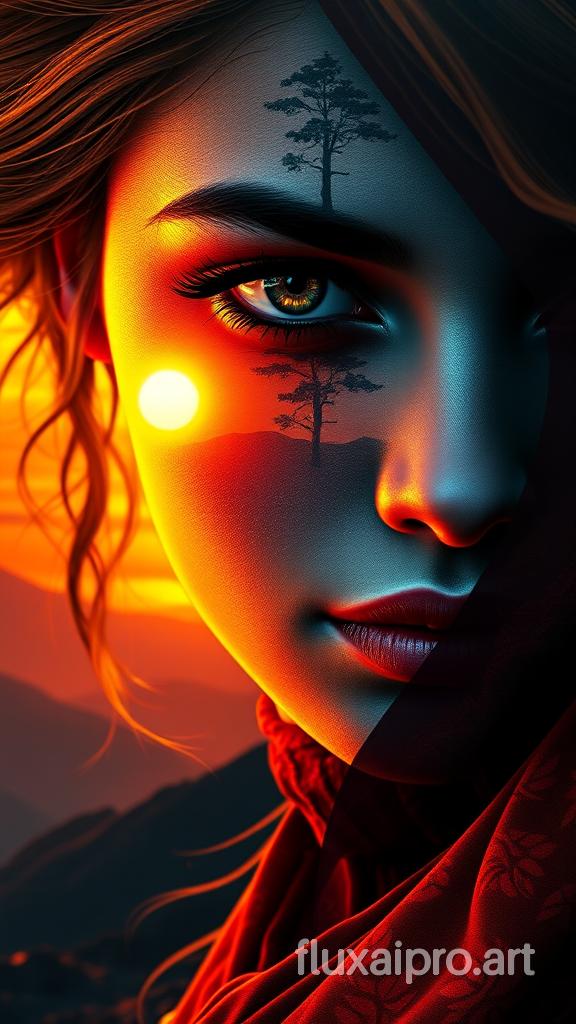 A stunning, cinematic illustration by Adda Barrios featuring a close-up of a woman's face, seamlessly blended with a vivid sunset scene. The fiery oranges and yellows of the sunset contrast beautifully with the cool blues and grays of her skin, creating a striking visual effect. Trees, silhouetted against the sunset, are superimposed onto her face, particularly around her eye and forehead. The woman's hair is a cascade of earthy tones with luminous accents, while her skin features a subtle gradient that mirrors the dynamic variations of fractal surfaces. Her gown, an intricate work of fractal-inspired design, flows like a natural terrain, adorned with patterns that mimic the contours and textures of fractals. The background is a breathtaking fractal landscape with rugged mountains, rolling hills,Rosto detalhadoAlta definiçãoRecursos nítidosClareza facialTextura de pele ultra-realistaCaracterísticas faciais hiperdetalhadasFotorealistaDetalhes intrincadosClose-upIluminação cinematográficaDetalhes finosAlta resoluçãoSimetria perfeitaDetalhes requintadosIluminação de alto contrasteOlhos detalhadosFoco nítidoDetalhes meticulososQualidade de renderização 3DPerfeitamente definidaExtremamente super detalhado, resolução ultra HD 8k, modo cinematográfico renderização 3D, o mais alto grau de tamanho de mega pixels, O fundo combina luz e sombra com maestria, acentuando suas características e cores contrastantes. A iluminação natural e o foco nítido conferem uma qualidade cinematográfica à imagem, imergindo o espectador na cena. A habilidade do artista na manipulação de luz e sombra demonstra seu talento excepcional na criação de uma imagem visualmente deslumbrante e cativante que reflete sua visão artística distinta,Iluminação e sombras DSLR profissionais, illustration, painting, wildlife photography, fashion, photo, dark fantasy, cinematic, vibrant