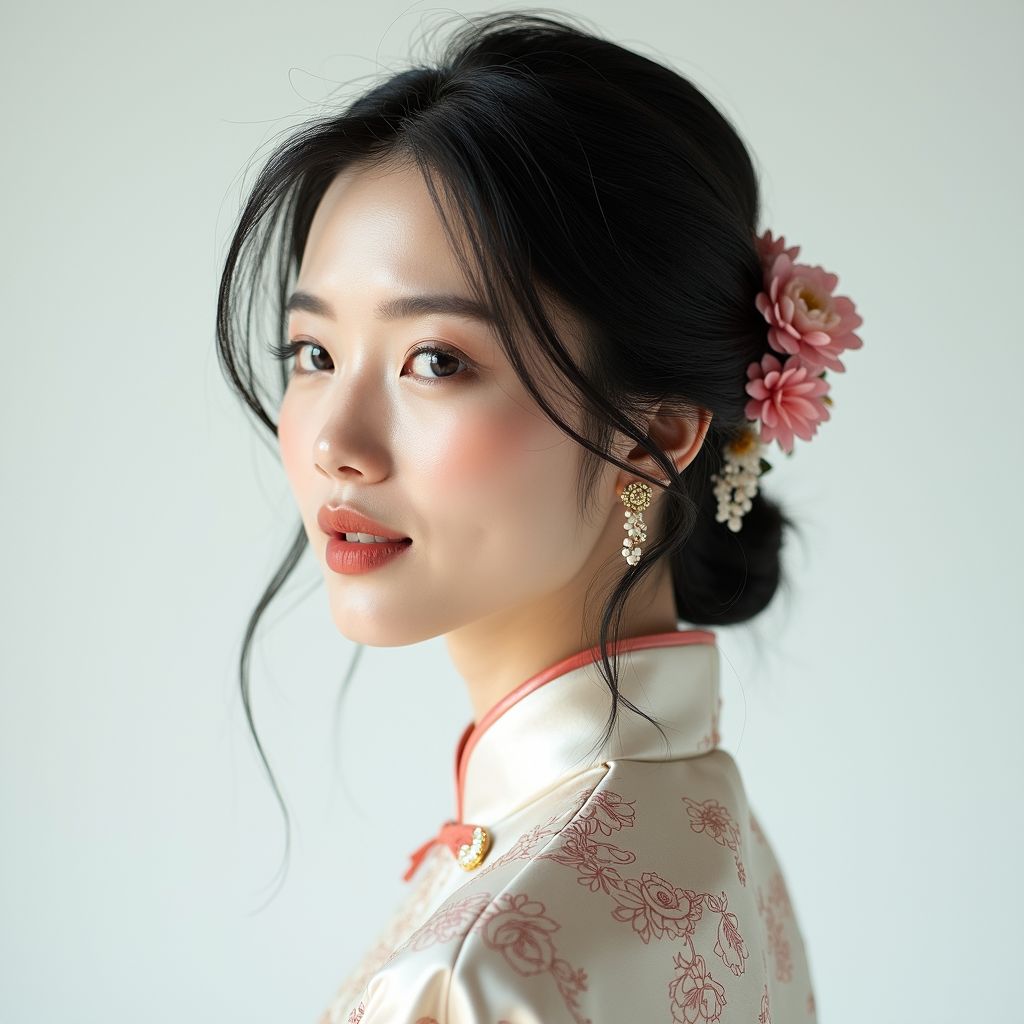 In a sleek and modern photography studio, a Chinese woman exudes natural elegance in traditional attire, such as a cheongsam, with her hair neatly styled and adorned with delicate accessories. The minimalist advertisement showcases her through candid portrait photography, capturing her genuine expressions and deep, thoughtful gaze. The crisp white backdrop highlights the subject, while the photographer skillfully captures every detail, from her eyes to her gestures, to reveal her authentic and natural charm. The advertisement is simple, refined, and eye-catching, with the Chinese woman portrayed as graceful, dignified, and intellectual.