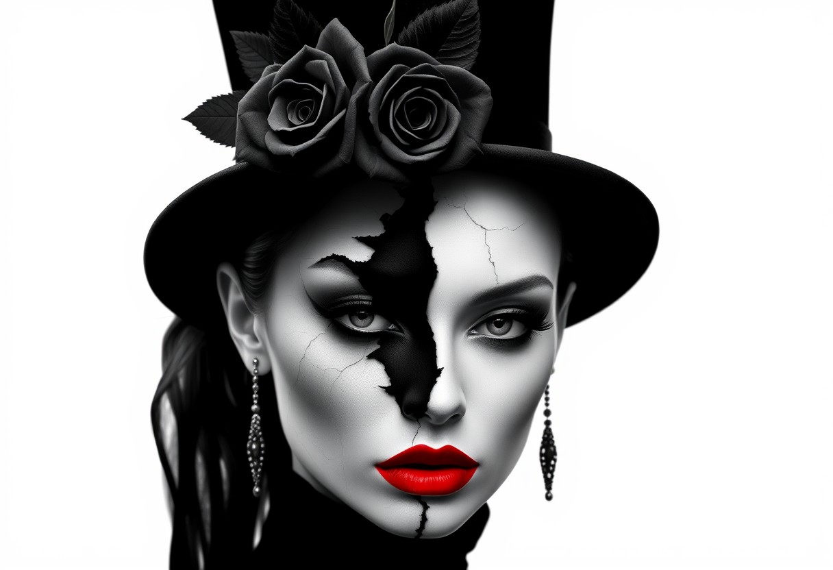 Design a bold, black-and-white portrait of a woman with a striking, gothic-inspired appearance. She wears a tall, elegant hat adorned with a single dark rose, the petals intricately detailed against the stark white background. Her face is divided into contrasting sections—half of it rendered in smooth, flawless skin tones, while the other half is composed of rough, textured patterns resembling cracked porcelain. Her lips are a deep, velvety red, standing out against the high-contrast monochrome of the rest of the image. The overall composition should play with dualities—smooth versus rough, light versus dark, organic versus artificial—creating a visually arresting piece that feels both timeless and modern. The artwork should evoke a sense of gothic elegance, with a touch of surrealism that challenges the viewer’s perception of beauty and decay