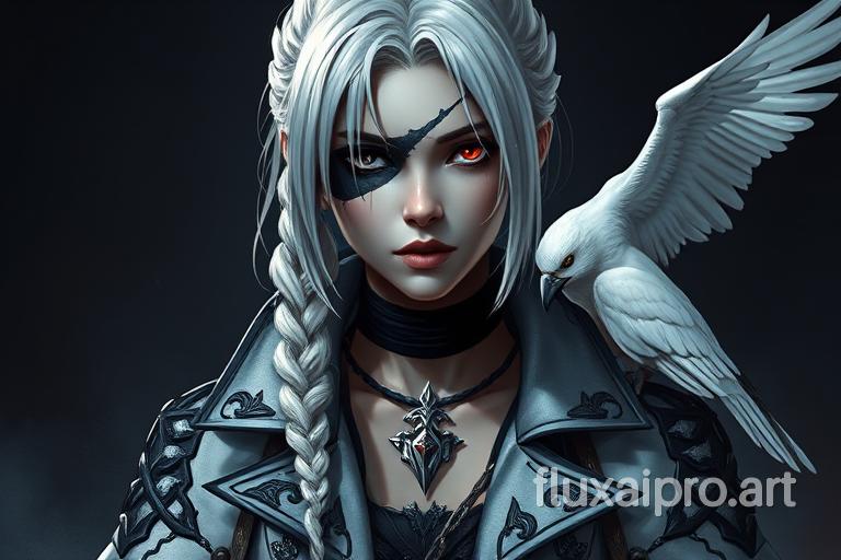 A striking and enigmatic portrait of a female character in a brutal, metal armor style. Her pale white hair is braided and falls to her waist, while her piercing red eyes and a dark patch over one eye add to her mysterious aura. Wearing a white coat adorned with intricate black patterns and a black choker with a silver pendant, she exudes confidence. A white raven sits on her shoulder, matching her dark and mysterious vibe. The background is heavily shadowed, creating a contrast that emphasizes her presence and makes her stand out in the scene.