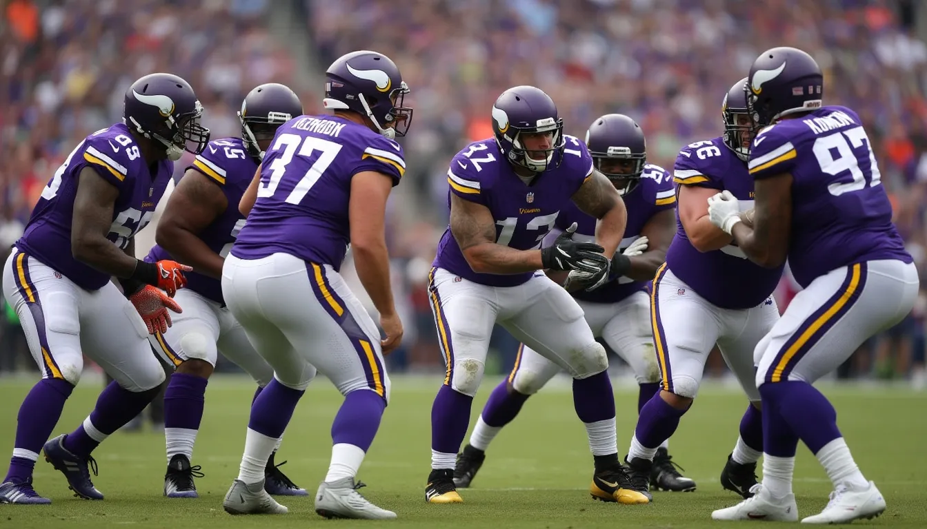 NFL quarterbacks view of an nfl Vikings offensive line looking like clowns in uniform