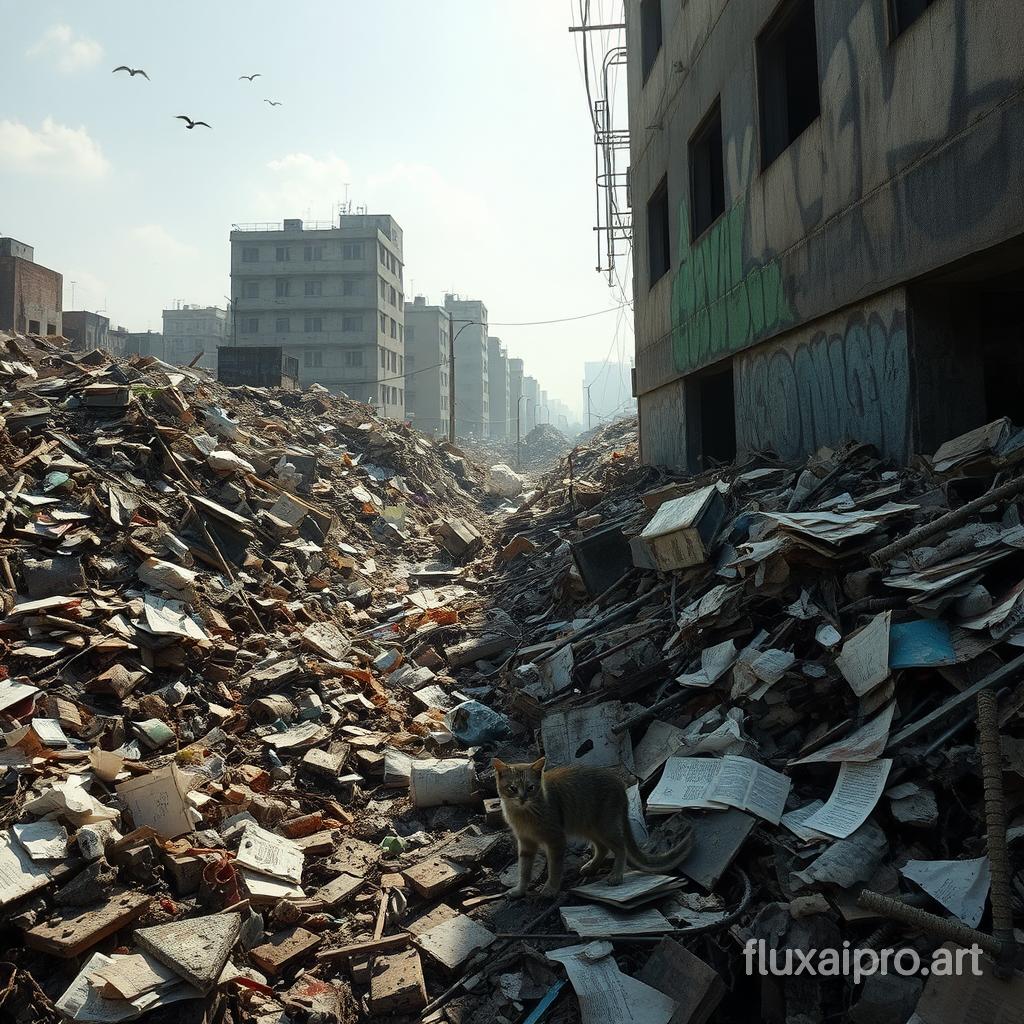 In a sprawling, dilapidated urban landscape, the cluttered garbage dump sits silently, overflowing with an assortment of discarded items. Piles of crumpled papers, broken furniture, and rusted metal shards create a chaotic yet strangely captivating sight. The air is thick with a pungent odor, a mix of rotting food and stale waste, while the faint sound of scavenging birds and the rustle of plastic bags punctuate the stillness. Sunlight struggles to pierce through the haze of grime, casting an uneven light that highlights the vibrant colors of graffiti on nearby walls, creating an eerie contrast against the drabness of the surroundings. Occasionally, a stray cat weaves through the debris, its fur grimy yet resilient, searching for remnants to sustain itself in this stark environment.