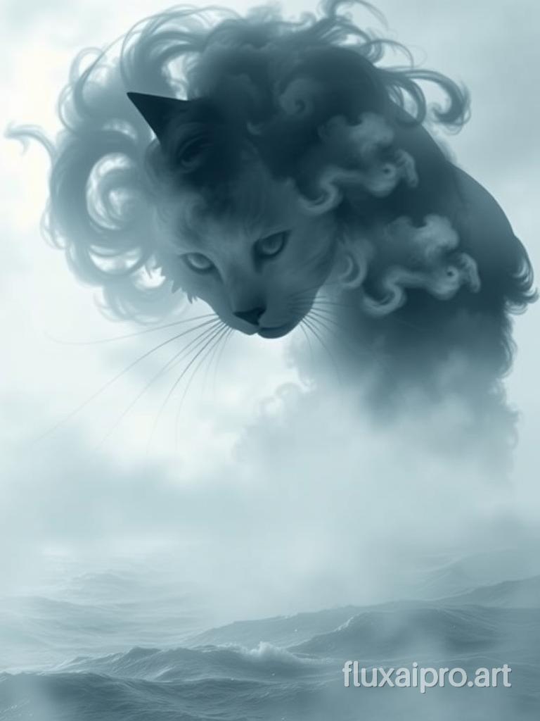 A colossal silhouette of a cat formed by swirling clouds, its abstract features blending seamlessly with the mist, including ethereal eyes, wispy hair, and a ghostly visage. It bows its head, gazing downward with piercing, otherworldly eyes, casting a haunting shadow over the foggy, turbulent sea below. The scene is eerie yet mesmerizing, a surreal blend of horror and fantasy that feels like a frame plucked from a cinematic dream, evoking a sense of awe and unsettling beauty in its hyper-realistic, otherworldly depiction.