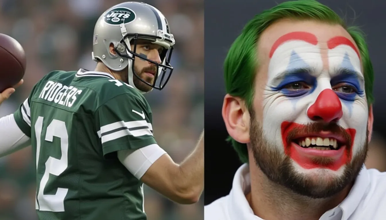 NFL Jets quarterback Aaron Rodgers looking like a clown