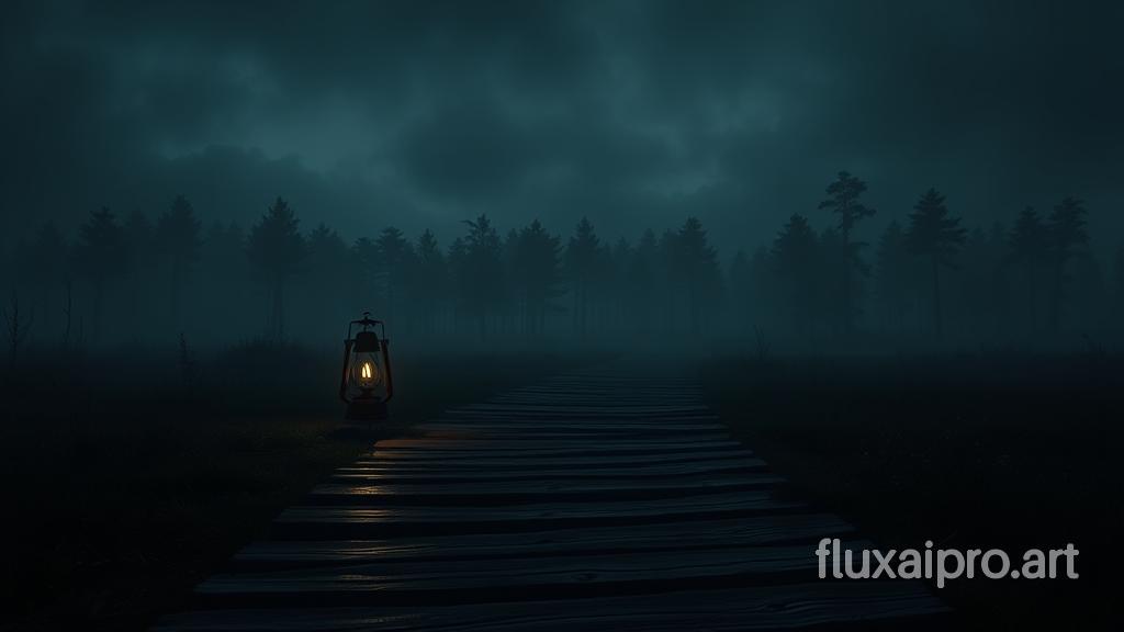 A captivating 3D render cinematic scene set in a hauntingly beautiful pitch-black landscape, where a single dimly lit lantern casts elongated shadows on the worn wooden path. The foggy forest emerges in the distance, with dense trees silhouetted against the dark, stormy sky. The air is thick with tension, and a sense of impending adventure or danger hangs heavy in the atmosphere. The overall mood of the scene is mysterious and enchanting, drawing viewers into a world of darkness and intrigue., product, cinematic, dark fantasy, 3d render