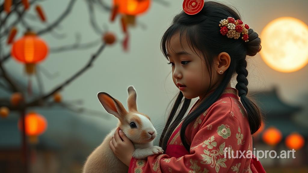 真实摄影，古风小女孩，小兔子，中秋节，满月