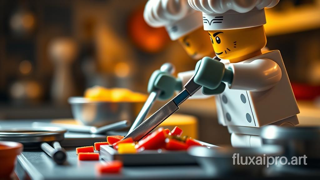 Close-up of LEGO chef minifigure cooking for homeless. Focus on LEGO hands using utensils, showing culinary skill. Warm kitchen lighting, late morning atmosphere. Canon EOS R5, 50mm f/1.4 lens. Capture intricate cooking techniques. Background hints at charitable setting. Inspired by Paul Bocuse and Massimo Bottura's styles. Freeze-frame moment of food preparation. Convey compassion and altruism through scene details.