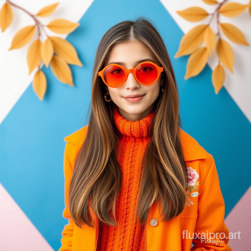 The image shows a young woman with long, brown hair, wearing a bright orange jacket with a floral pattern and a thick, orange knitted sweater underneath. She is wearing round, orange sunglasses and gold earrings. She is looking at the viewer with a slight smile. The background is a blue, geometric pattern with leaves on either side of her. The overall aesthetic is vibrant and playful.