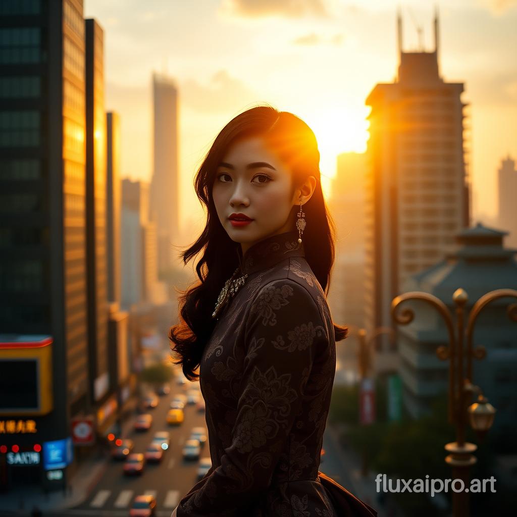 In a cinematographic fusion of traditional Chinese elegance and modern urban flair, a stunning Chinese woman stands against a breathtaking cityscape, her silhouette dramatically backlit by the soft, golden hues of dawn. Her raven-black hair, styled in flowing waves, is swept back, accentuating her refined features and striking eyes, which sparkle with an inner light, as if infused by the vibrant energy of the city. Subtle makeup enhances her natural beauty, while a fusion of traditional and modern attire creates a striking visual narrative. The woman's cheongsam, adorned with intricate embroidery and shimmering jewelry, flows in soft ripples, as if caressed by the gentle morning breeze. The atmosphere is alive with the distant hum of traffic, the occasional melody of a street musician, and the soft glow of morning sunbeams, which dance across her elegant, poised figure. Framed by the towering skyscrapers, the woman embodies the harmony of tradition and modernity, her expression a flawless blend of grace, strength, and poise, as she stands symbolically at the threshold of a new dawn. Cinematographer Wong Kar-wai's signature style, reminiscent of his works in "In the Mood for Love" and "2046," infuses the scene with a mesmerizing blend of nostalgia, longing, and modernity, as the soft, golden light of dawn whispers secrets to the city and its inhabitants. The scene is bathed in a warm, cinematic glow, courtesy of a combination of natural and artificial light sources, with the warm hues of the setting sun, the soft glow of streetlights, and the subtle sheen of lamp posts blending seamlessly to create an atmosphere of serenity and wonder. The film grain is subtle, with a hint of texture and a touch of softness, as if infused with the gentle warmth of a spring morning. The color grading is meticulously crafted, with a palette of muted yet vibrant hues, blending the neon-lit streets with the soft pastels of dawn, to create a visually stunning and emotionally resonant tableau. As the camera lingers on the woman's enigmatic expression, it's as if time itself has been frozen, and all that exists is the harmonious union of past, present, and future, as symbolized by the city's ever-changing landscape. The hum of the city, the soft music, and the distant sounds of morning life blend together in a symphony of sounds, as if the entire world is awakening to the beauty and wonder of this extraordinary scene.